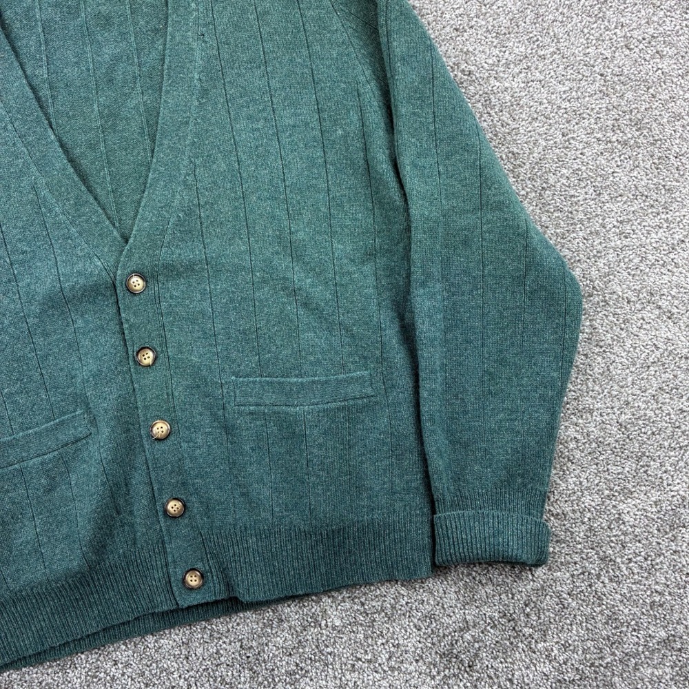 Vintage Saddles Cardigan Sweater Mens Large Green Lambswool V-Neck Ribbed Knit - Picture 4 of 7